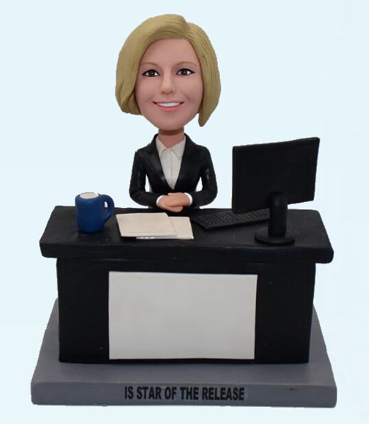 Custom Create Female Business bobbleheads Sitting At Office Desk